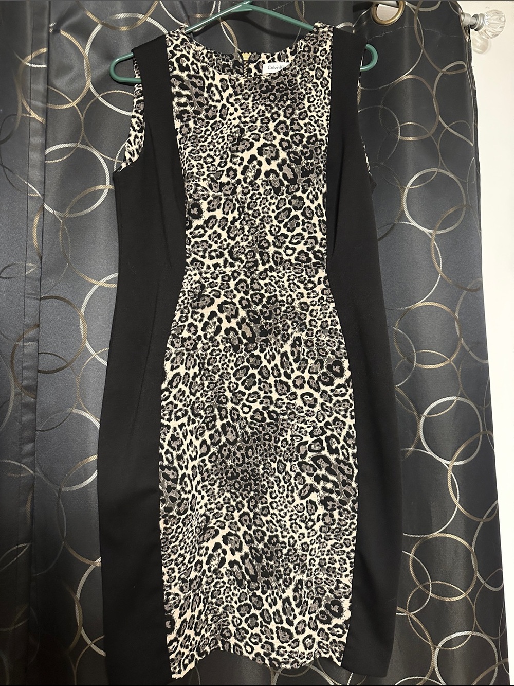 Calvin Klein Black and Cream Leopard-Print Panel Sheath Dress
